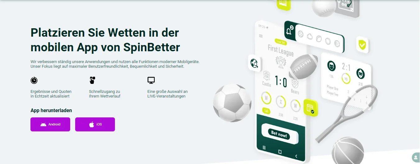SpinBetter App Download-Seite mit Optionen für Android und iOS