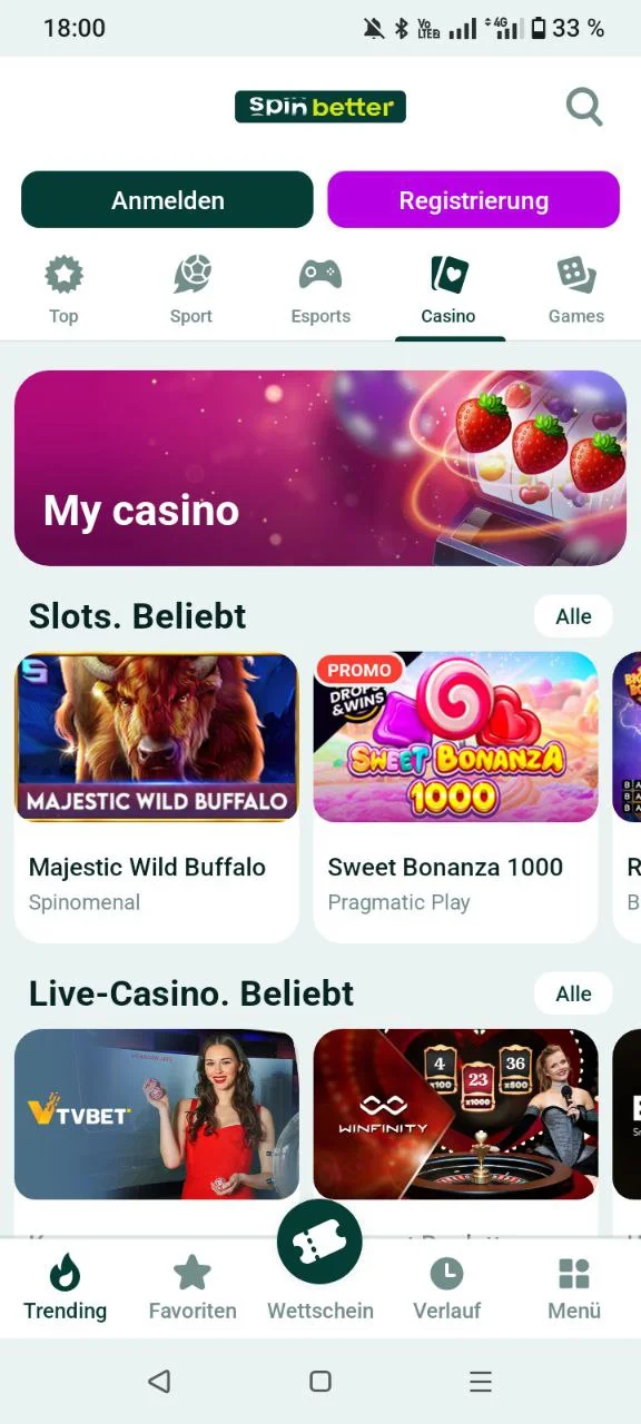 SpinBetter App Casino-Spieleliste auf Smartphone