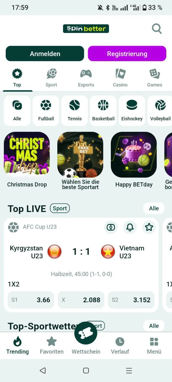 Hauptbildschirm der SpinBetter App auf dem Smartphone