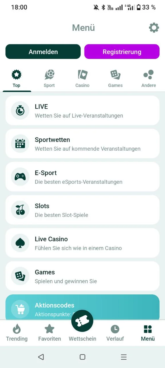 Seitenmenü der SpinBetter App mit allen Kategorien