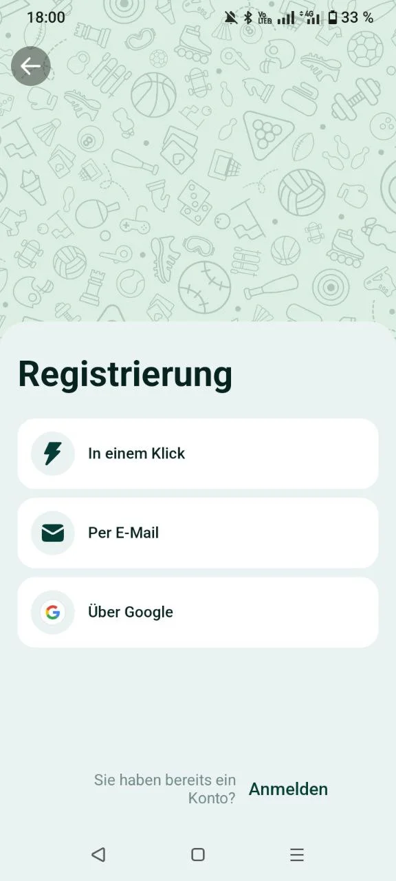 SpinBetter App Registrierungsbildschirm mit den vier Anmeldeoptionen