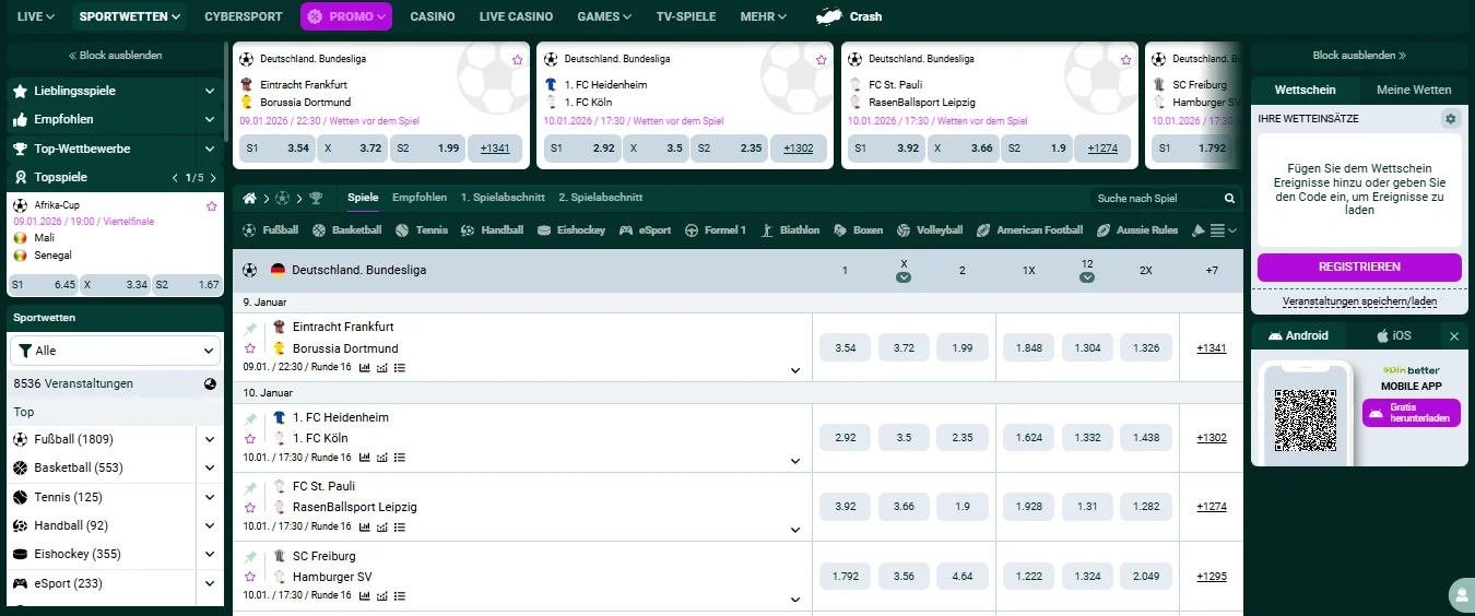 Sportwetten-Oberfläche bei SpinBetter mit Live-Spielen und Wettschein
