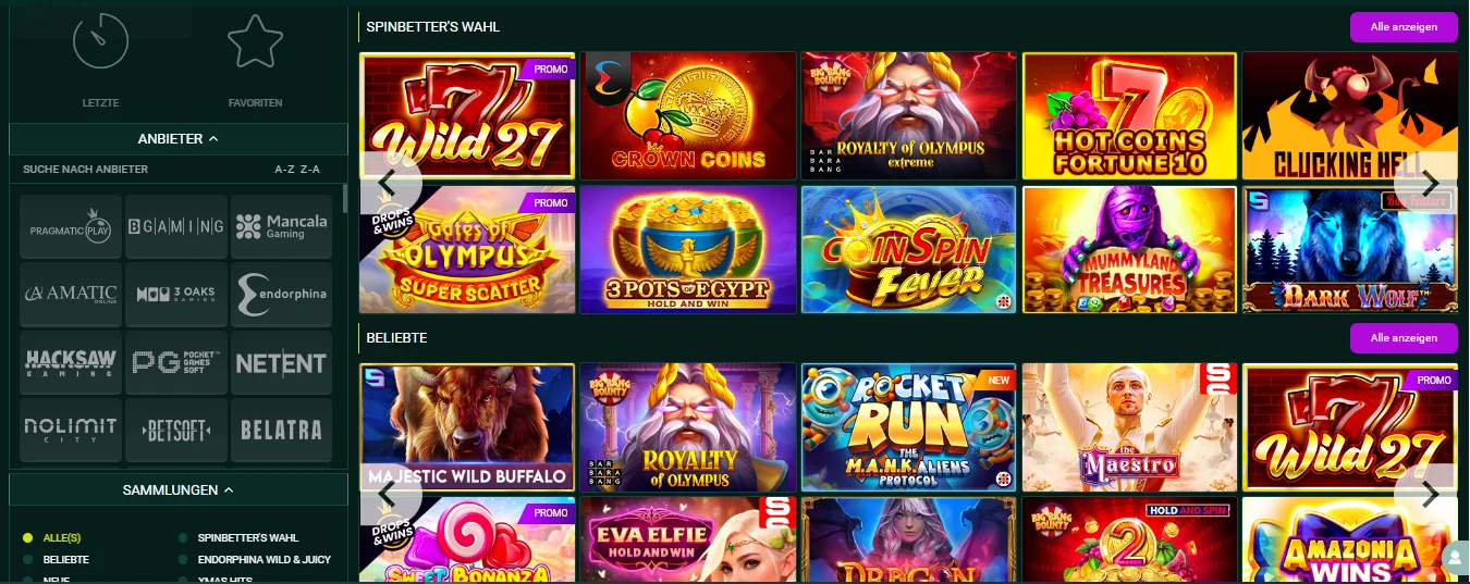 Casinobereich bei SpinBetter mit Slots und Anbieterauswahl