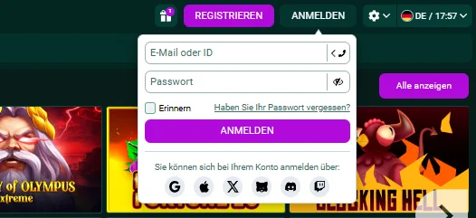 SpinBetter Login-Fenster mit E-Mail- und Passwort-Feld sowie Social-Login-Optionen