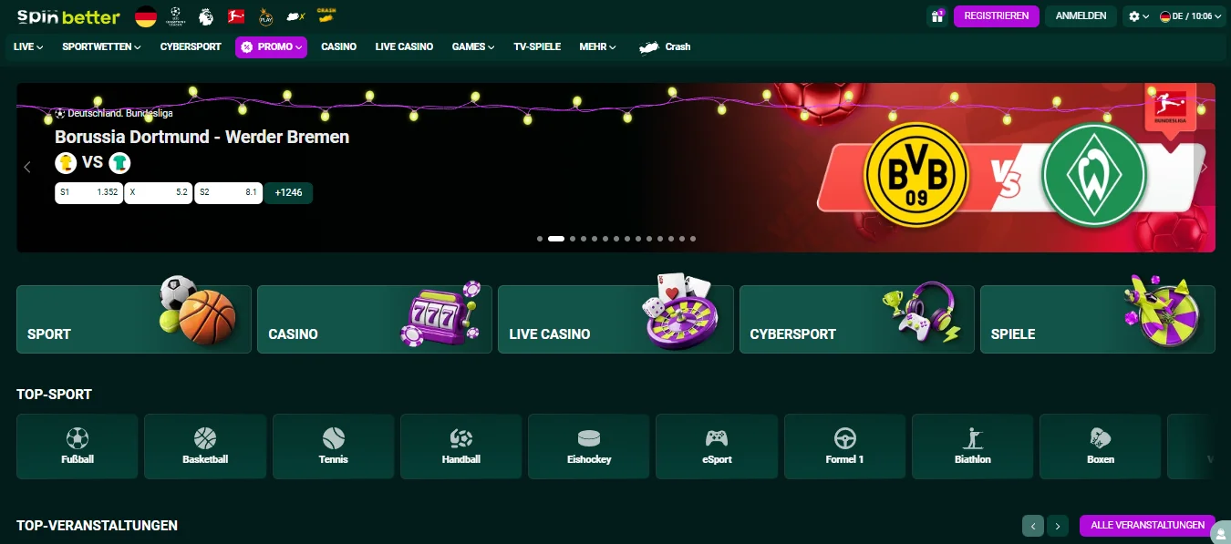 Startseite von SpinBetter Deutschland mit Sportwetten, Casino und Promotionsbereich