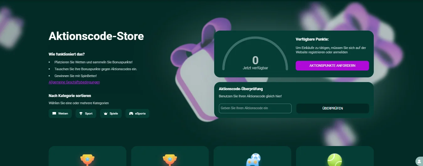 SpinBetter Aktionscode-Store mit Punktekonto und Kategorien