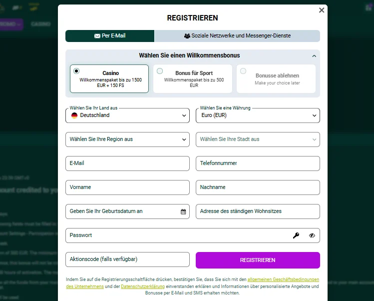 Registrierungsformular auf SpinBetter mit Bonusauswahl Casino oder Sport