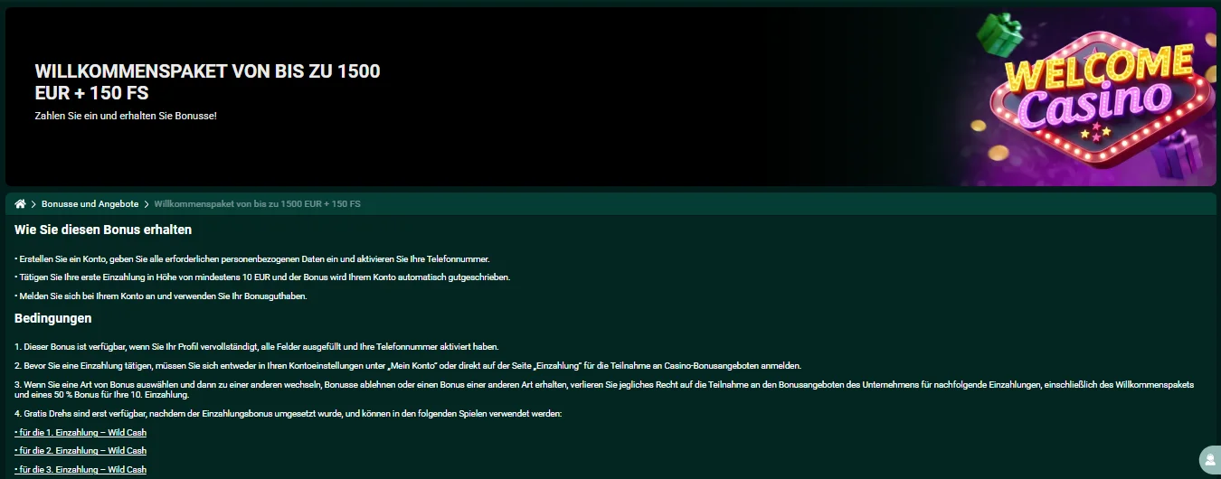 SpinBetter Willkommenspaket bis 1.500 EUR und 150 Freispiele auf der offiziellen Bonusseite